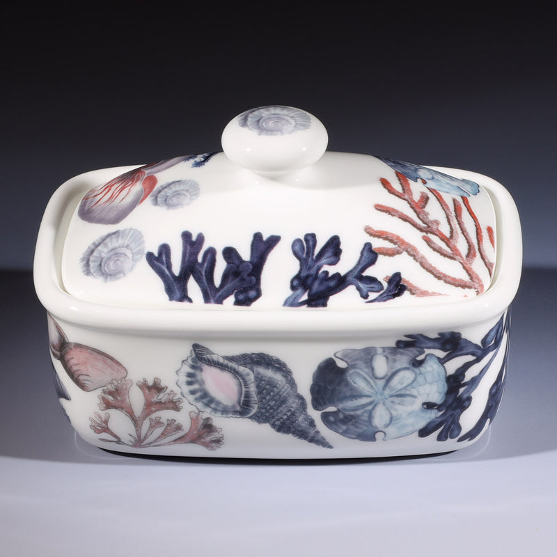 Butter dish in our Beachcomber range,with shells,seaweed and other sea themed designs all over the base and the lid.