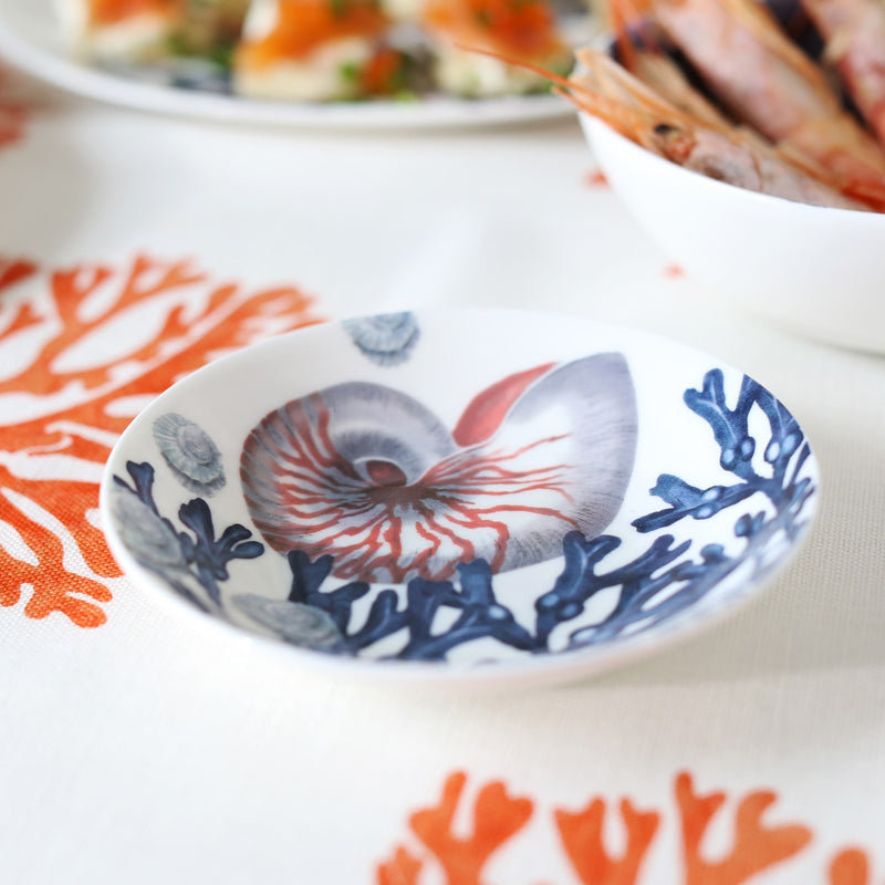 Nibbles bowl in Bone China in our Beachcomber range in Navy and white in a Nautilus,seaweed and shells desi