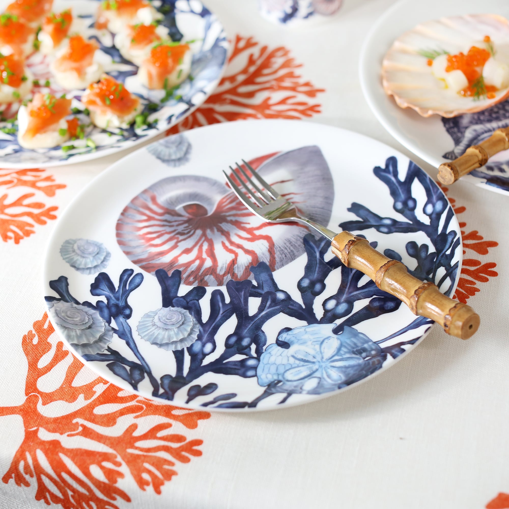 Bone China White Dinner plate with hand drawn illustration of our Beachcomber range on our Orange Fistral fabric.On the plate is a bamboo fork,in the background are plates decorated with salmon other foods
