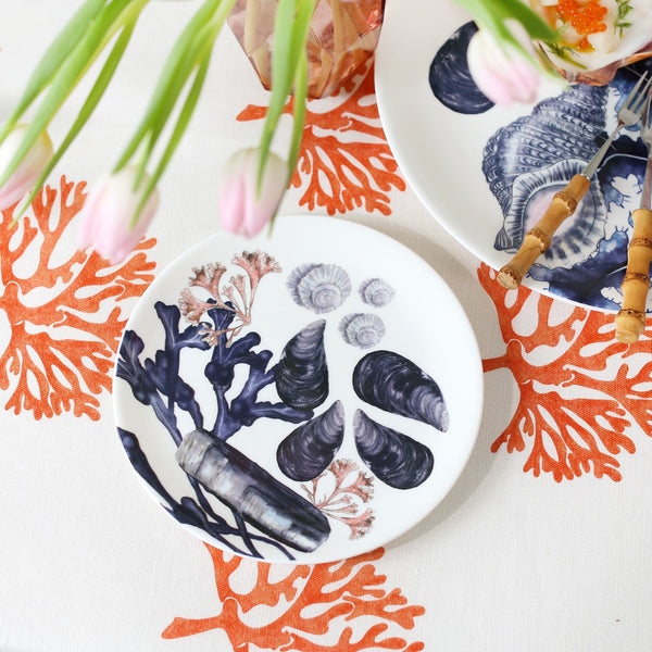 Bone China White side plate with hand drawn illustration of our Beachcomber range on our Orange Fistral fabric.