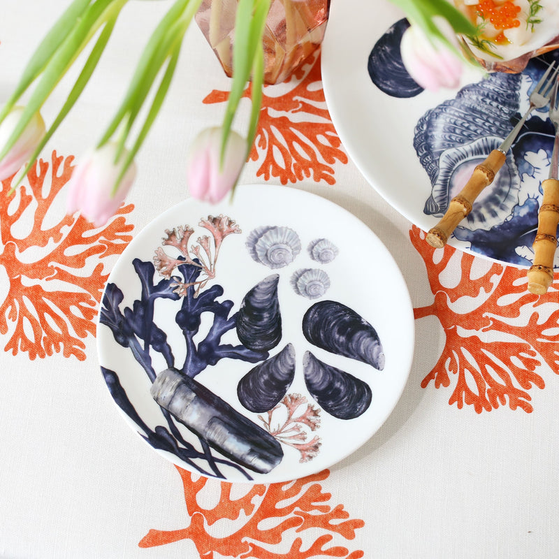 Bone China White side plate with hand drawn illustration of our Beachcomber range on our Orange Fistral fabric.