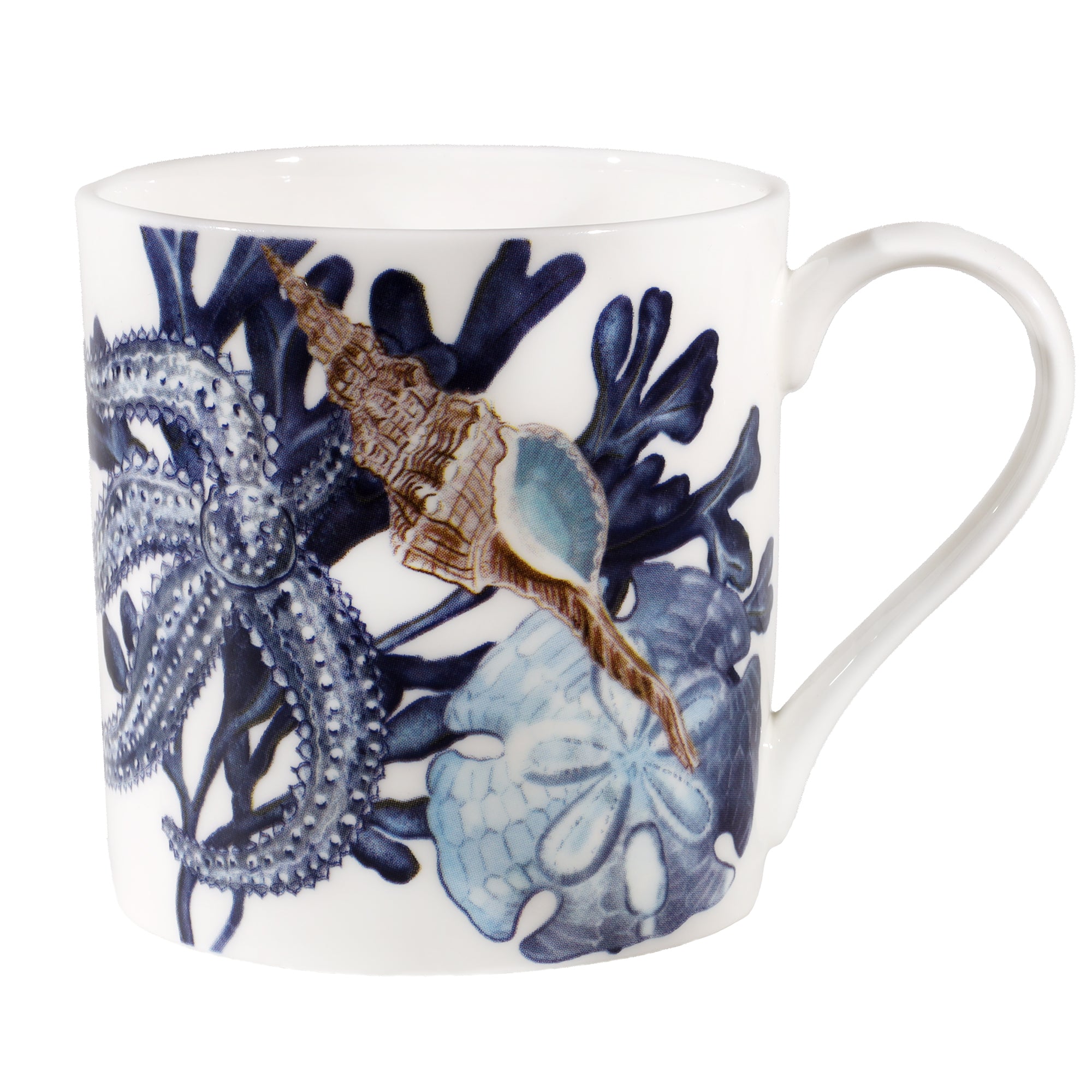 A cut out product shot on a white background of our beachcomber mug. This mug is covered in a selection of hand drawn blue seaweed, starfish, sand dollar and shells.