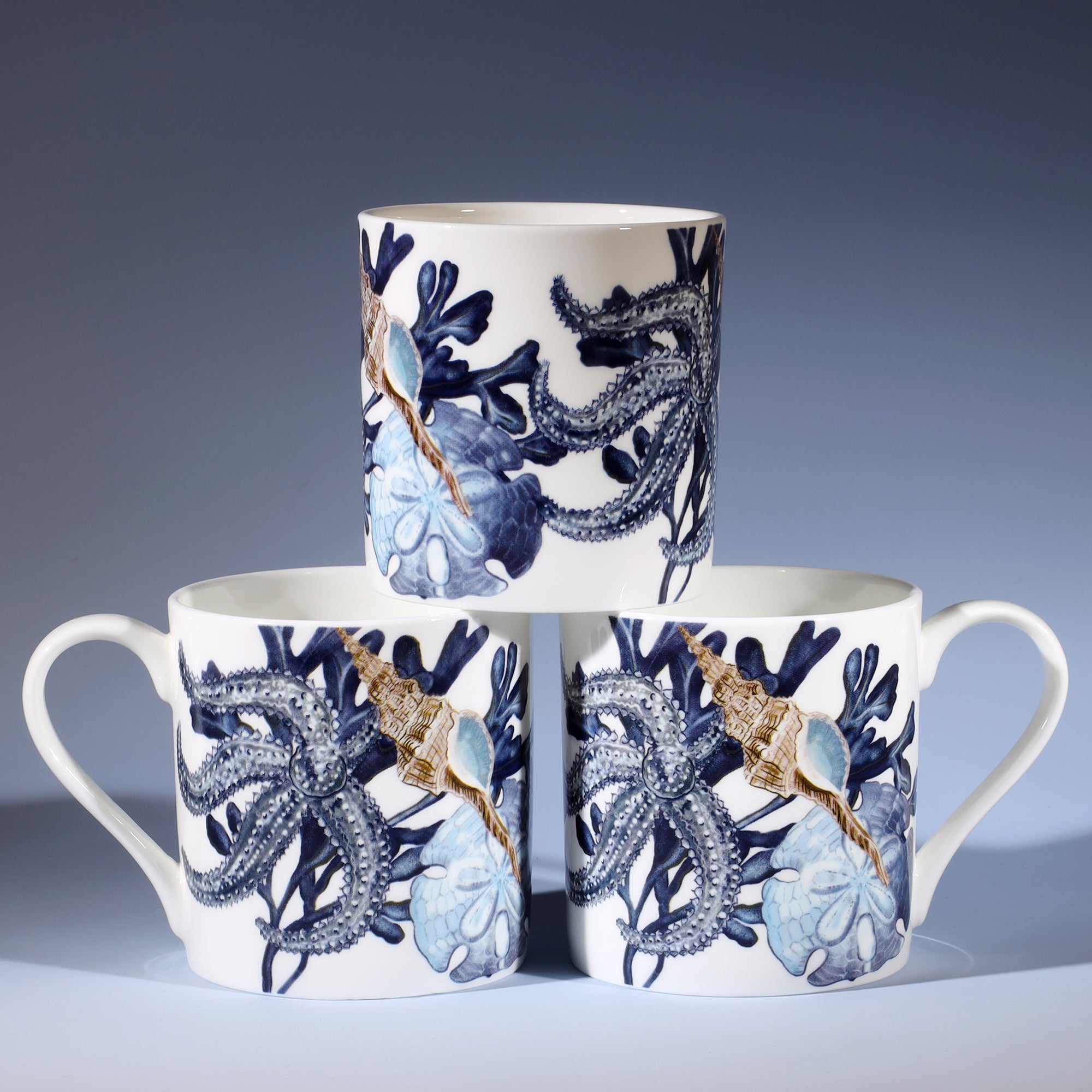 The picture shows three Beachcomber mugs with starfish, seaweed and shells design with their handles pointing towards the outside. The third mug sits on top of both of them, in the middle.