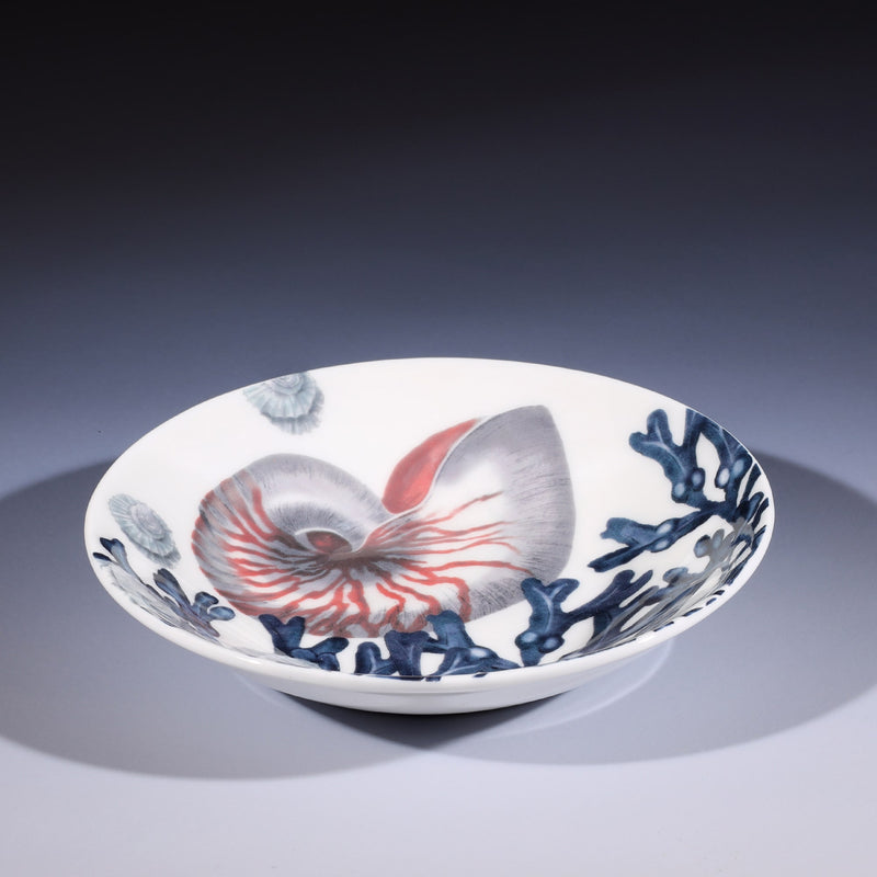 Nibbles bowl in Bone China in our Beachcomber range in Navy and white in a Nautilus,seaweed and shells design