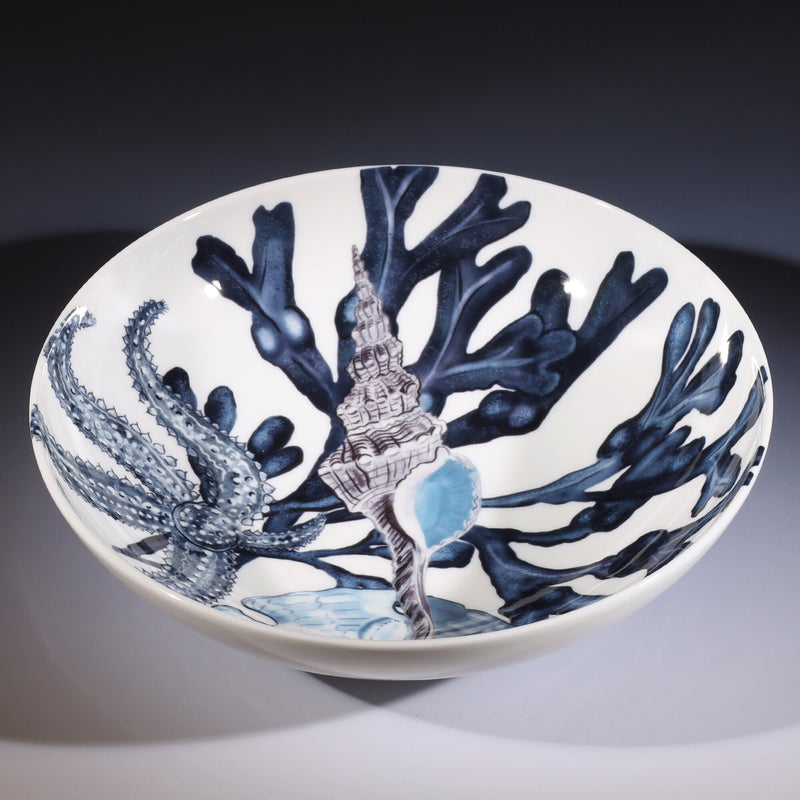 Our Beachcomber design pasta bowl has Dark Blue seaweed fronds,starfish,whelk and a sand dollar all in co ordinating blues.
