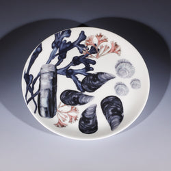 Bone China White side plate with hand drawn illustration of our Beachcomber range decorated with a shells,seaweed and coral