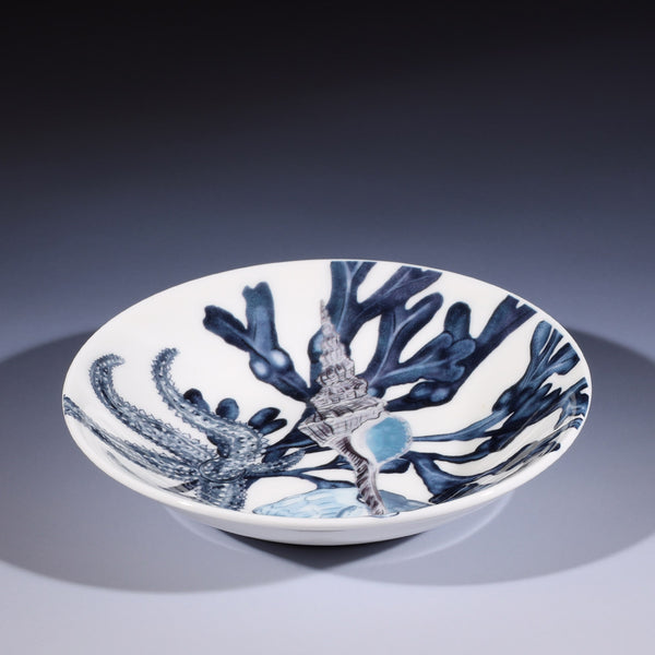 Nibbles bowl in Bone China in our  Seashell Beachcomber range in Navy and white in a Starfish,seaweed and shells design
