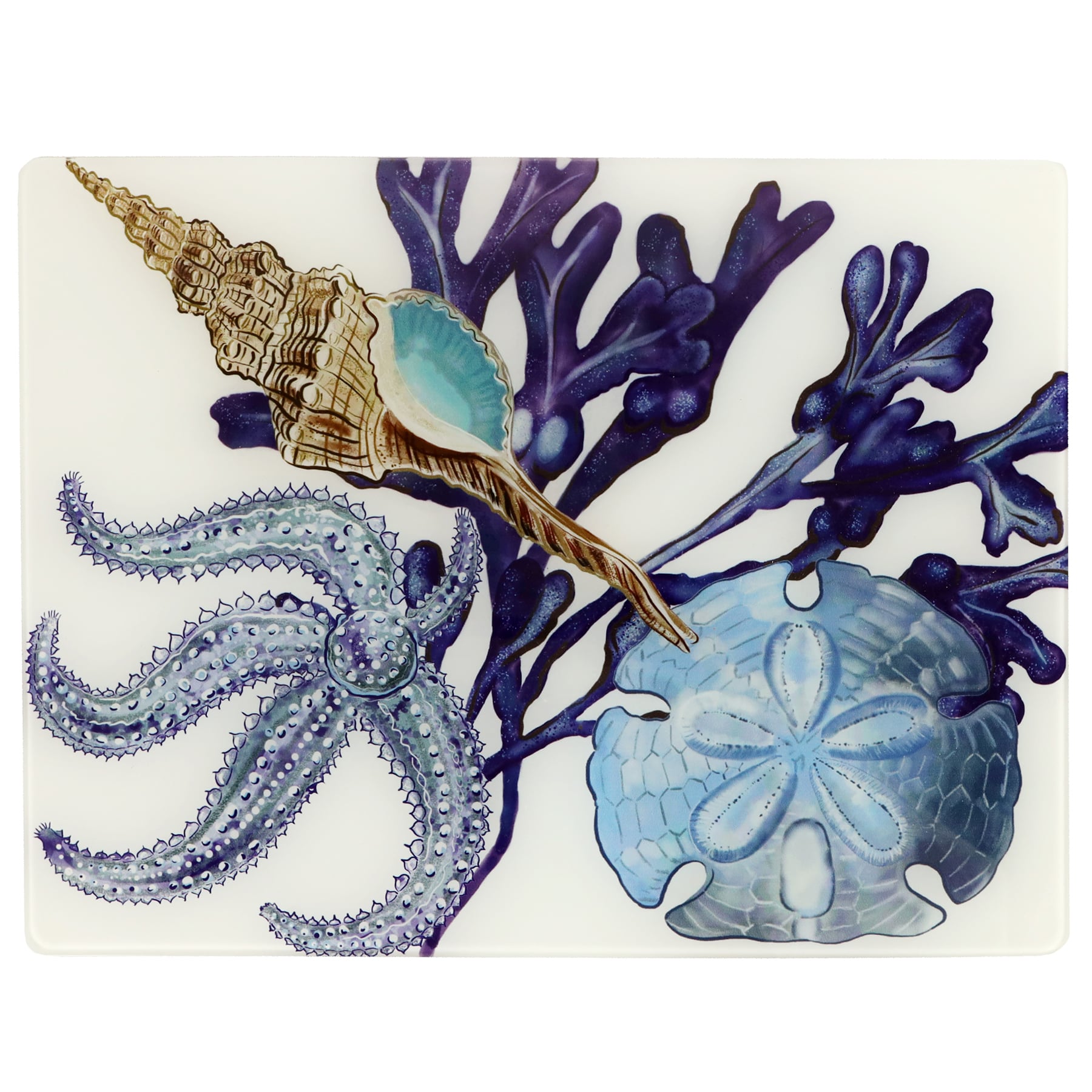 Glass worktop saver in our Beachcomber design with Starfish,a whelk,seaweed and a sand dollar design.