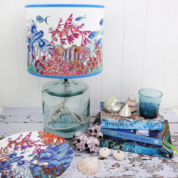Front shot of Coral Bay white Lampshade with shells and books-Homewares-Cream Cornwall