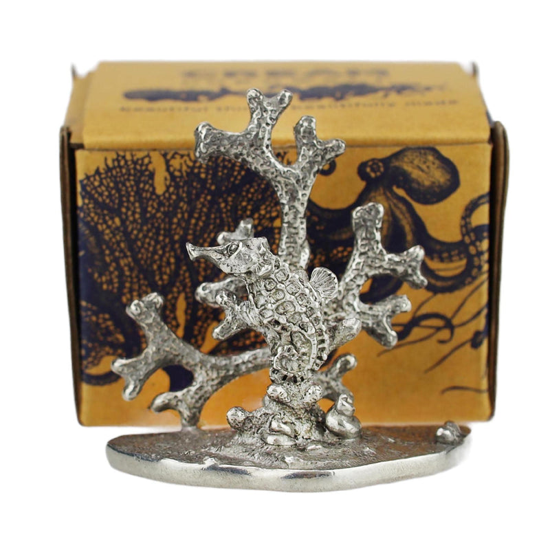 Close up of Pewter Coral & Seahorse Card Holder showing details in front of especially designed Cream Cornwall box 