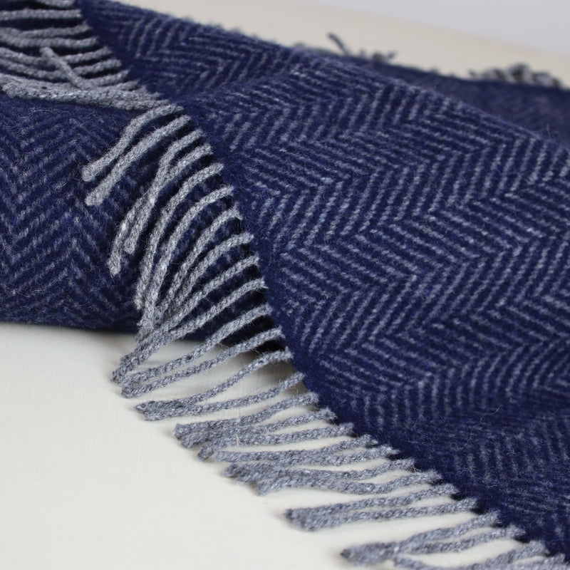 Oversized Cashmere Throw Dark Navy Herringbone -Homeware- Cream Cornwall