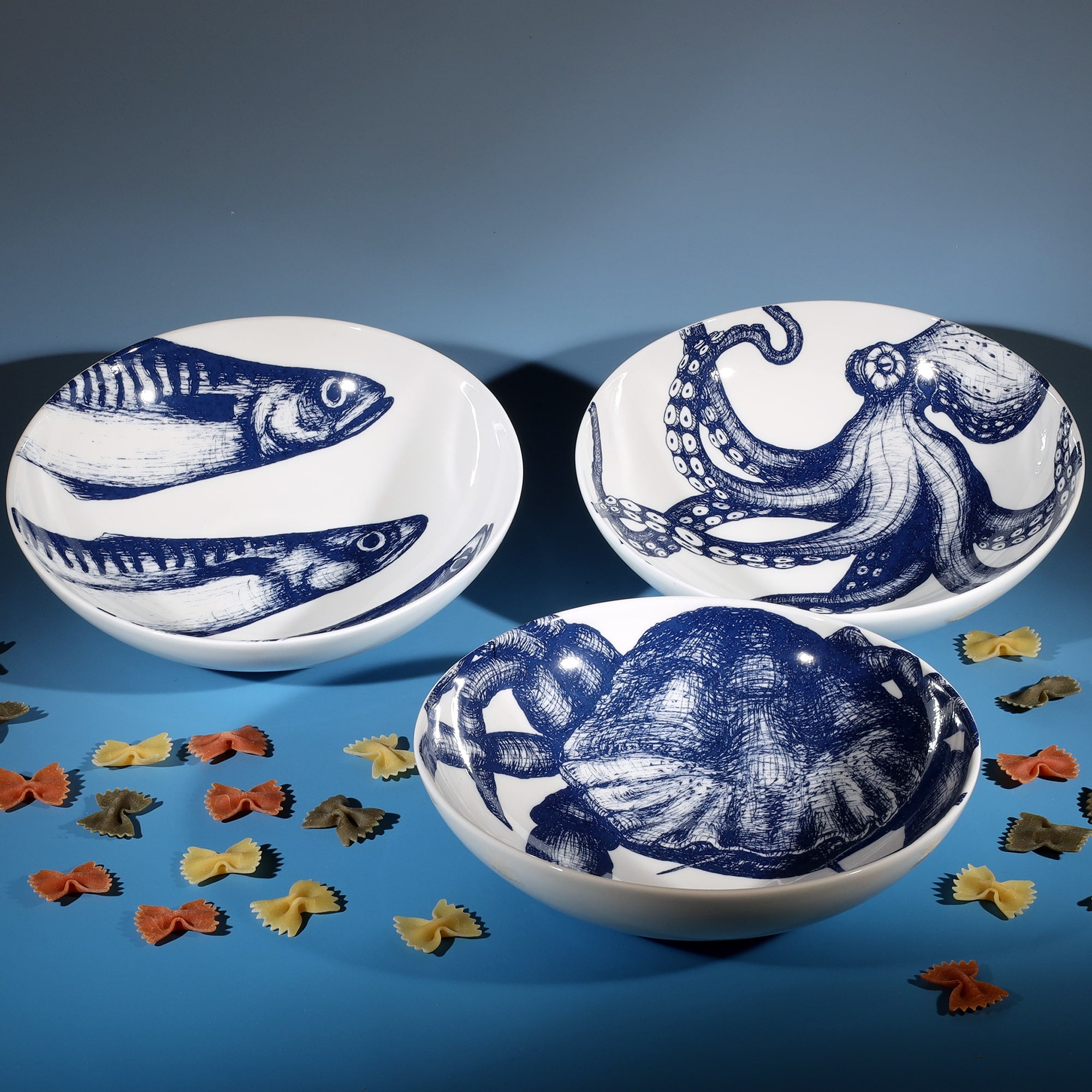 Pasta bowl in Bone China in our Classic range in Navy and white in the Octopus design next to a Mackerel and an Crab bowl.In between them are several pieces of decorative colourful pasta