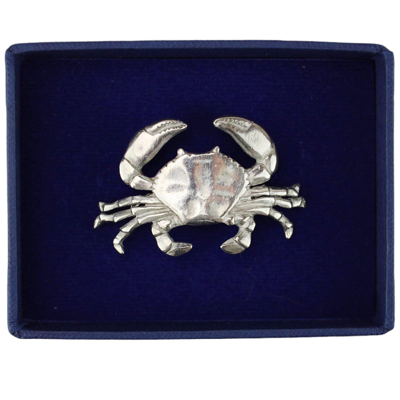 Pewter Crab Candle Pin shown in the Navy box that it comes in