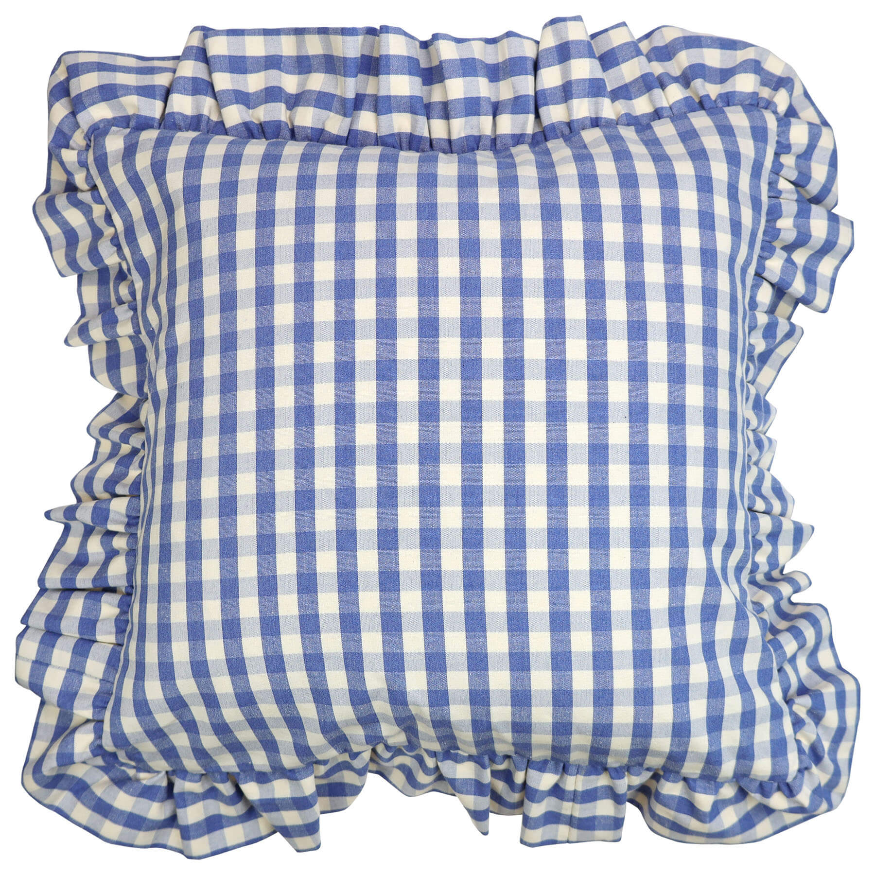 Blue and White Gingham cushion with a wide frill all around the edge