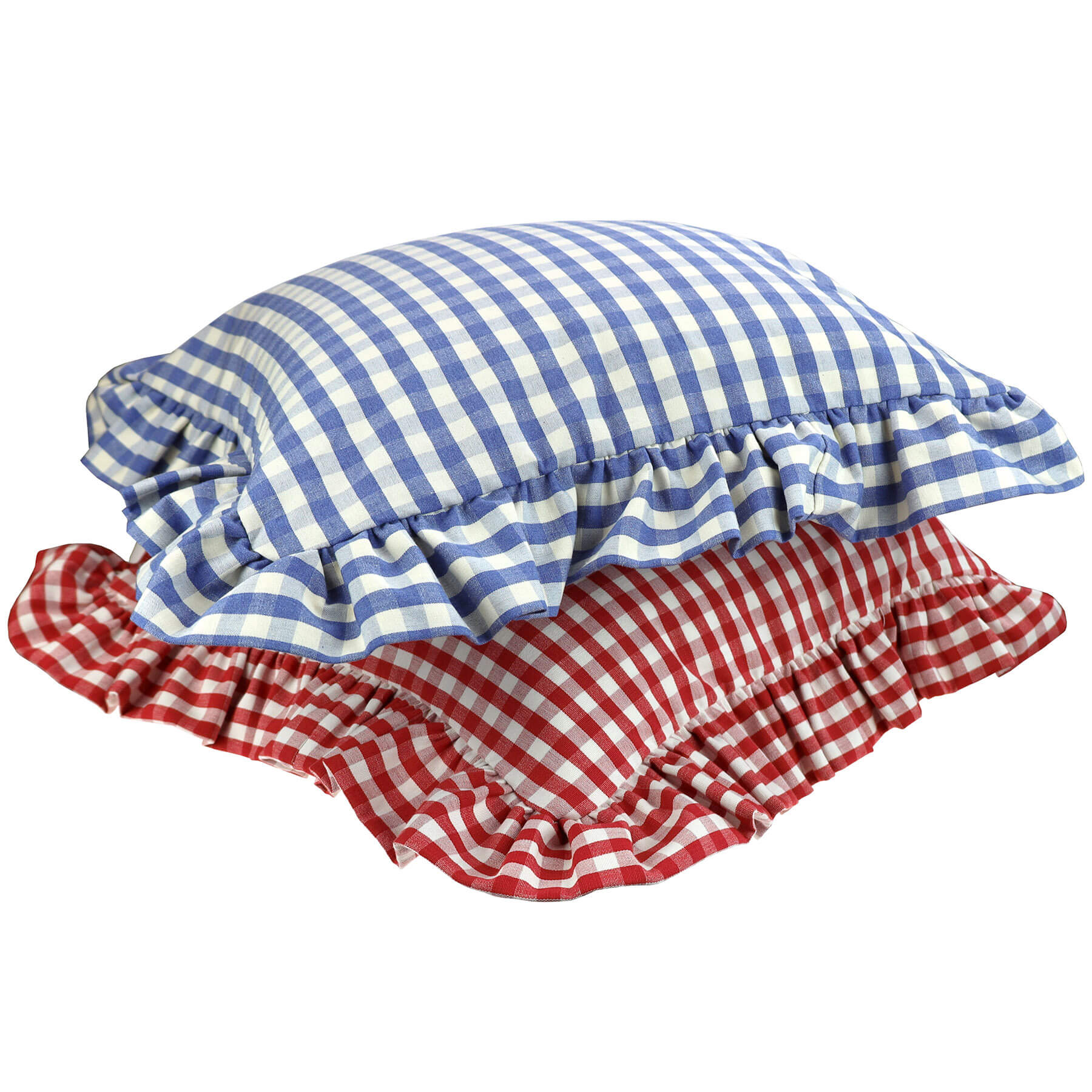 Red Gingham cushion on top of a blue gingham cushion