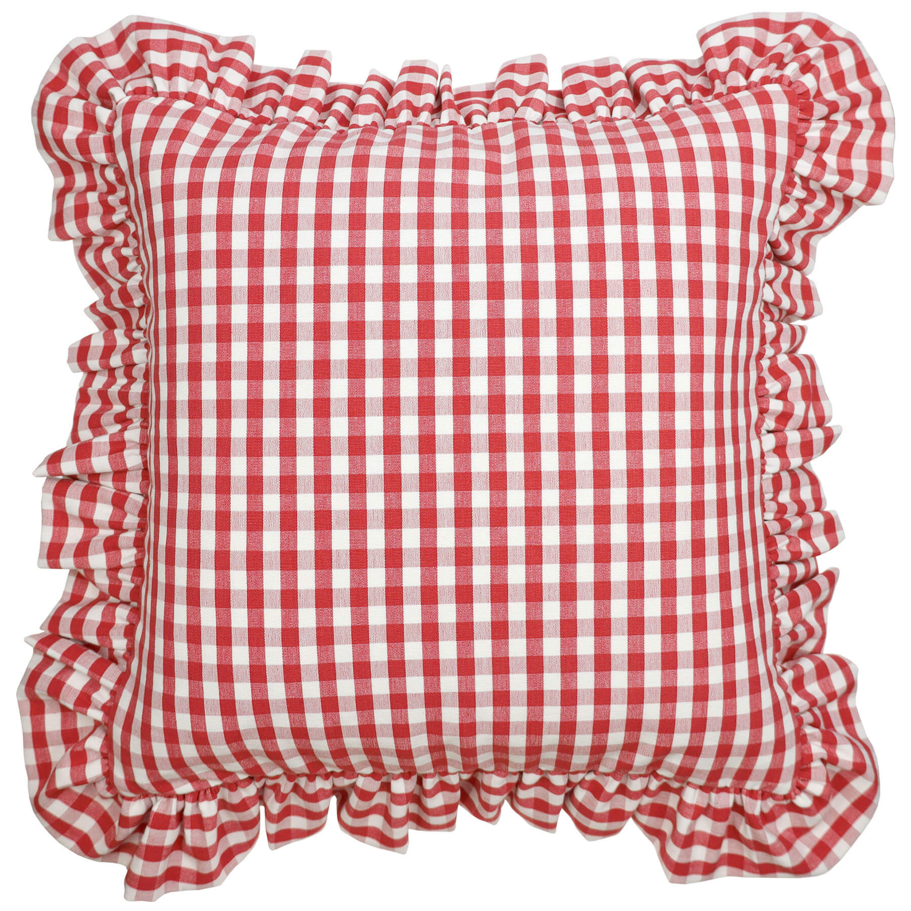 Red Gingham cushion with a frilled edge