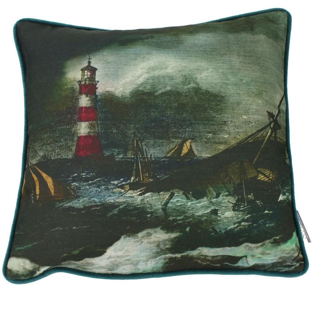 Linen/Cotton Cover with a Stormy Sea Scene  including a Shipwreck and a lighthouse to the left.