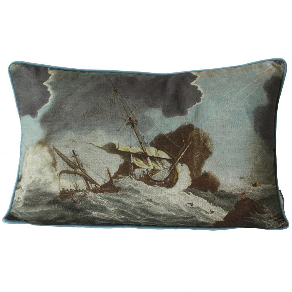 Shipwreck Day Rectangle Cushion Cover  with a shipwreck in the centre crashing against the rocks.