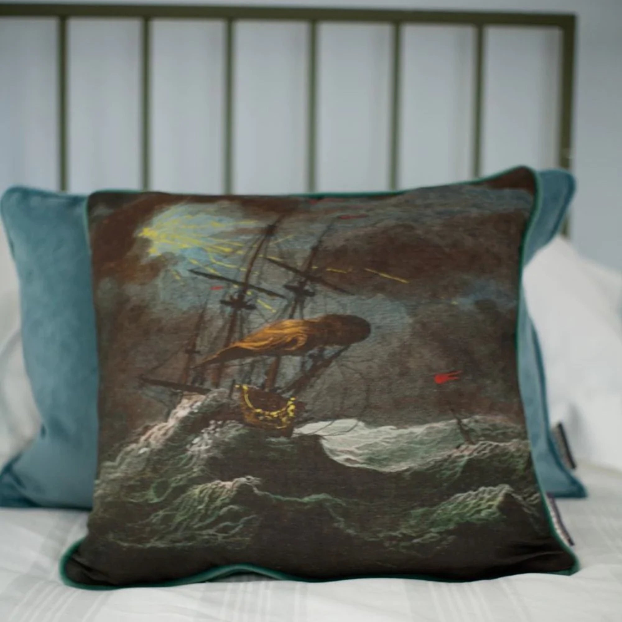 Shipwreck night scene with rough seas and lightening placed on a bed