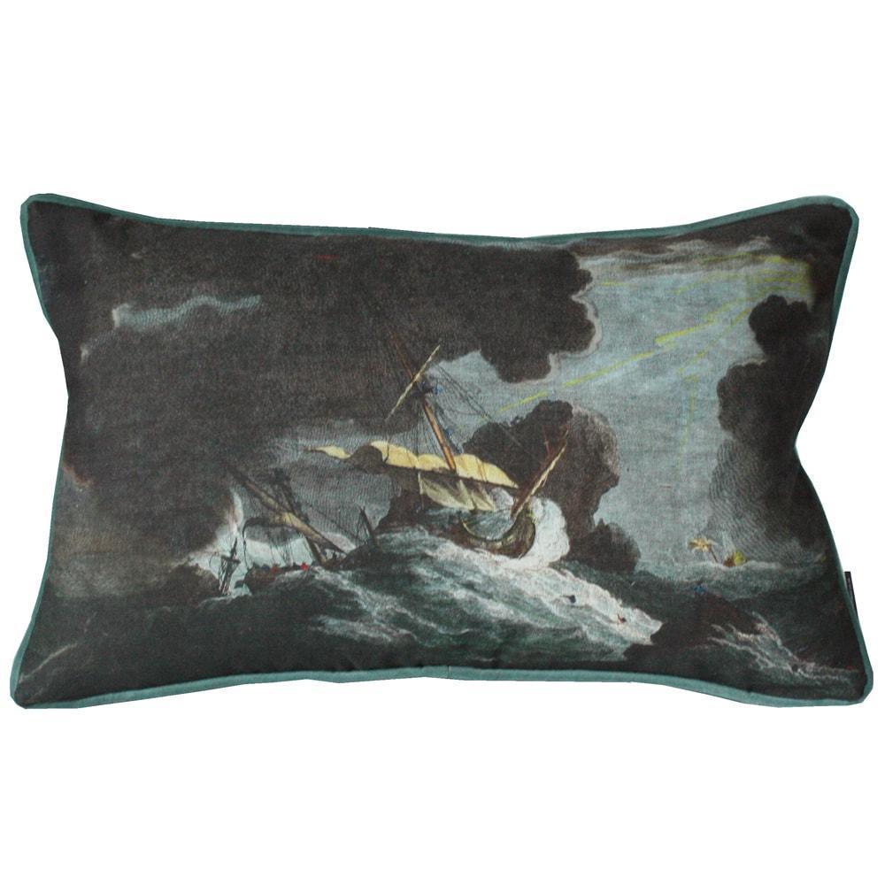 Shipwreck Night Rectangle Cushion Cover showing a couple of ships in heavy stormy,thundery weather