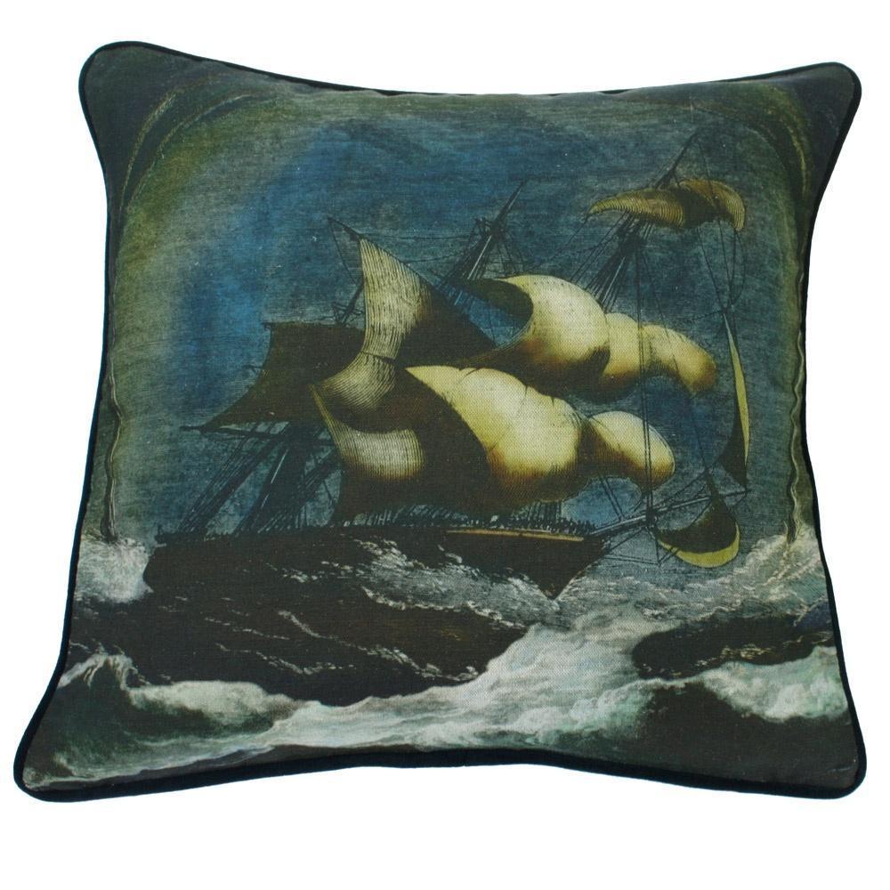 Tornado Cushion Cover ,scene of a billowing sailing ship in rough waters