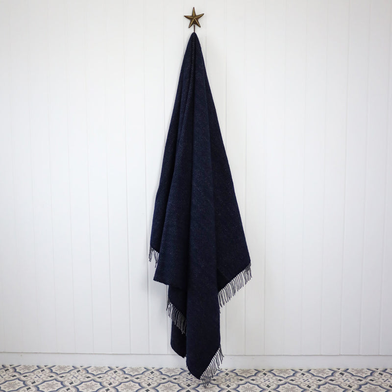 Oversized Cashmere Throw Dark Navy Herringbone -Homeware- Cream Cornwall