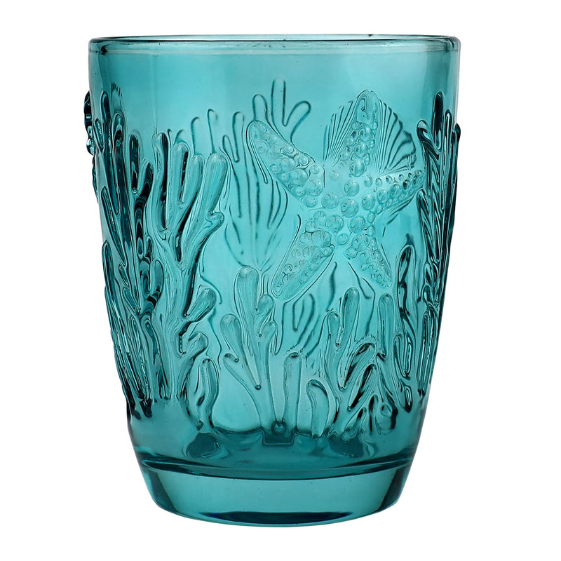 Teal coloured tumbler with embossed sea creatures