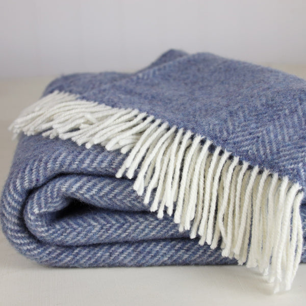 Cashmere Throw Denim Cream Herringbone -Homeware- Cream Cornwall