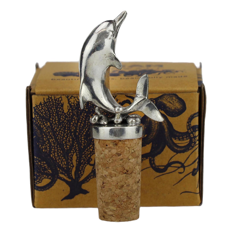Pewter Dolphin Cork Stopper placed in front of the specially designed presentation box