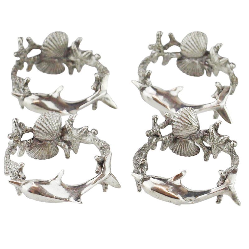 Pewter Dolphin Napkin Ring Set of 4 showing Dolphin,Coral and Shells on the ring