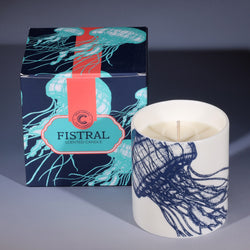 This is a blend of spicy oriental woods, a top note of lily of the valley, jasmine, and lavender in a White beaker with a Jellyfish illustration.