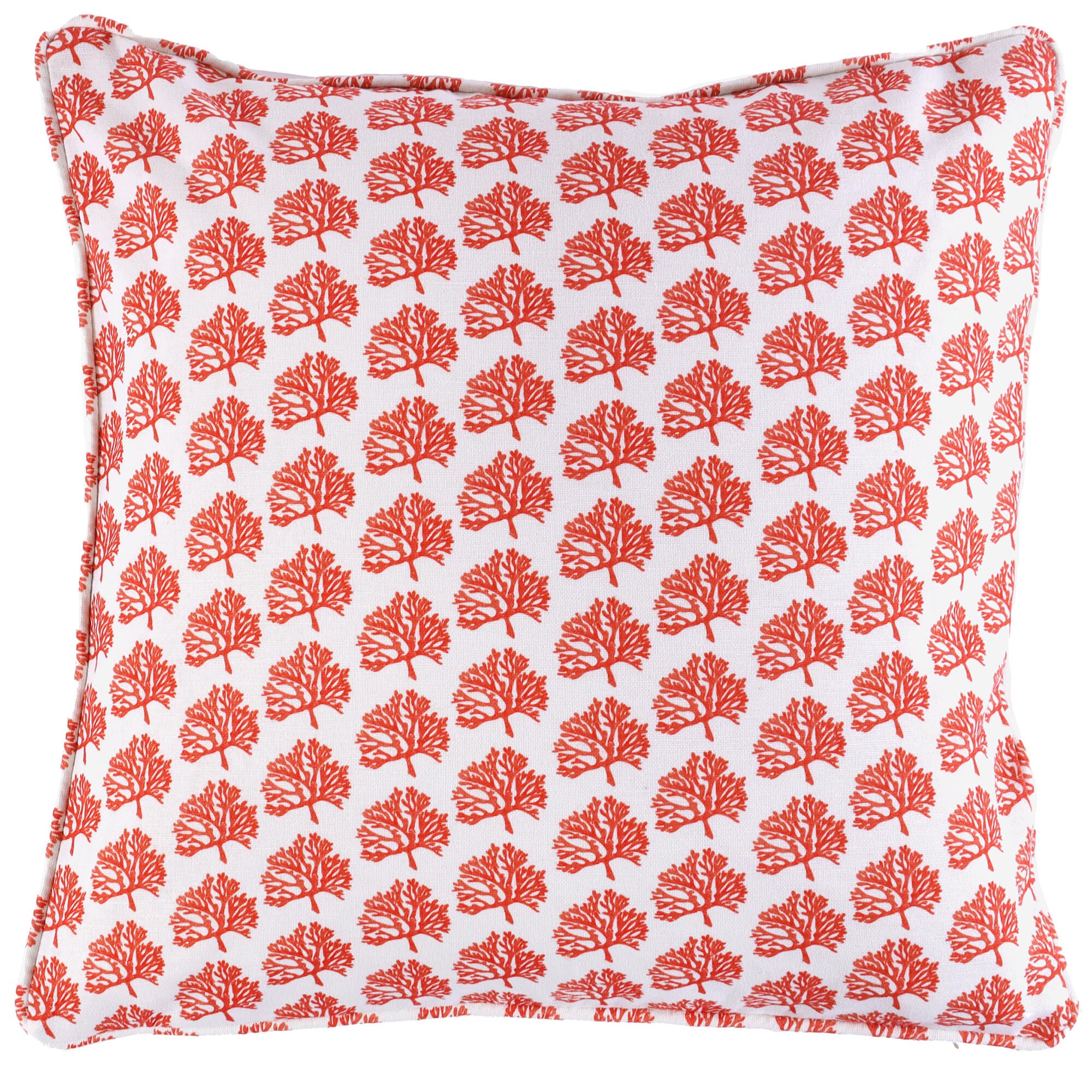 Off white cushion with a print of a small orange coral all over it 
