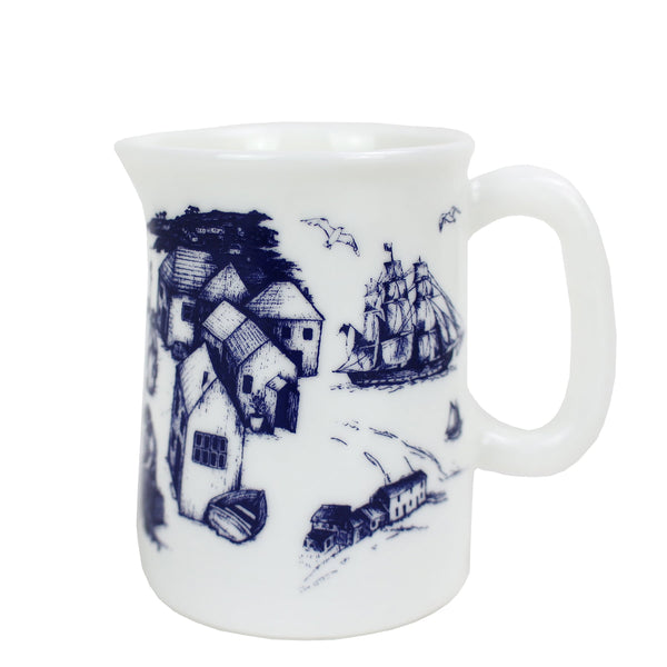 Side shot of bone china mini jug with boat harbour illustration -kitchen and dining-Cream Cornwall