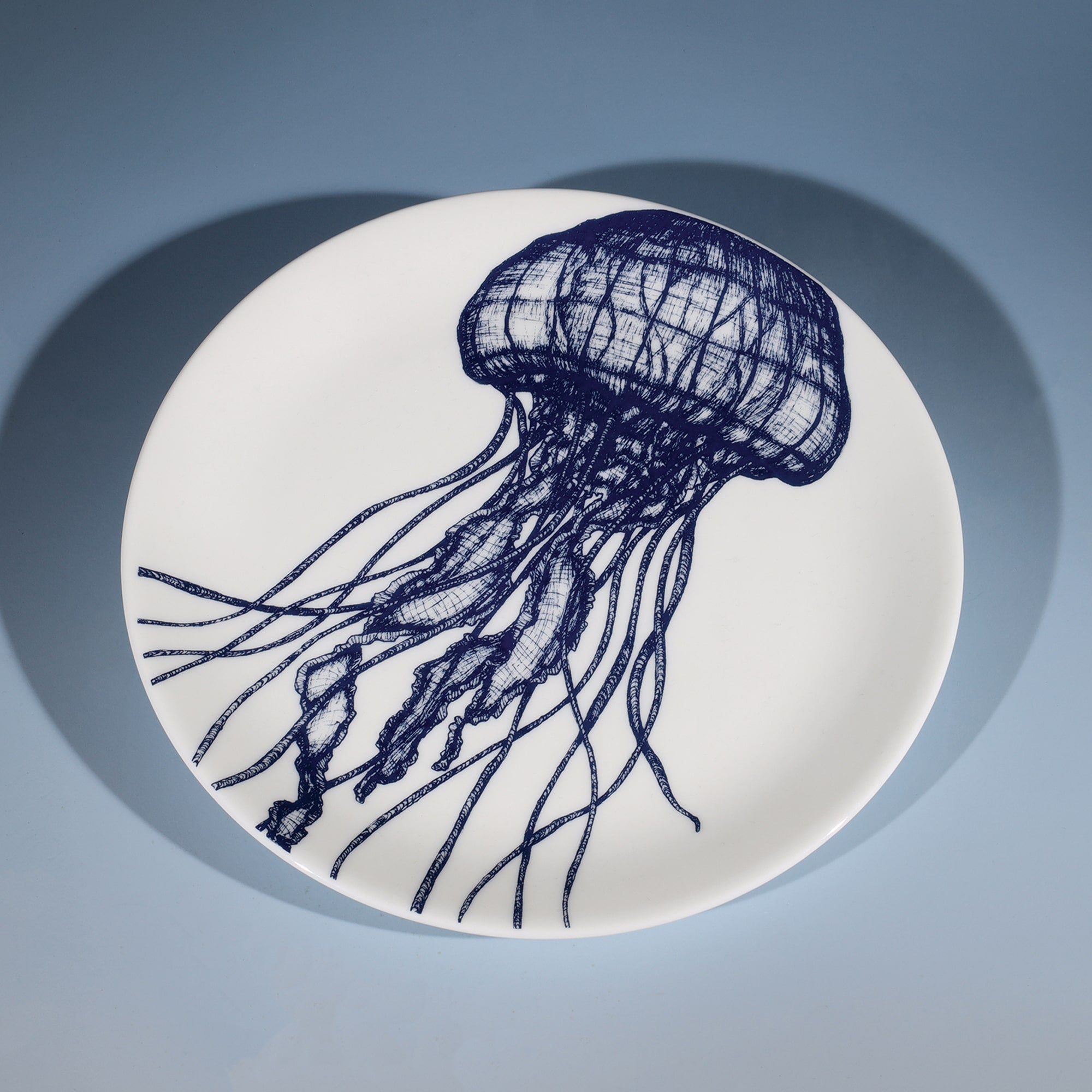 Bone China White  plate with hand drawn illustration our classic Jellyfish in Navy.