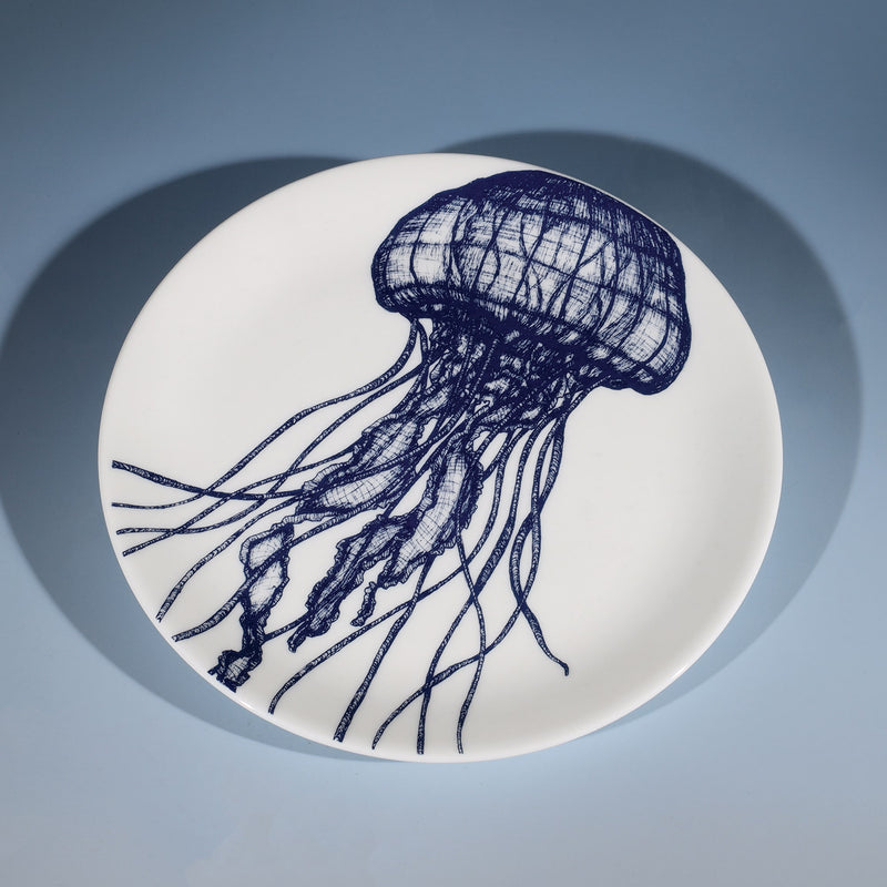 Bone China White  plate with hand drawn illustration our classic Jellyfish in Navy