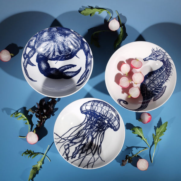 Aerial shot of Bowls in Bone China in our Classic range in Navy and white in the Crab,Jellyfish and Seahorse design,inbetween the bowls are some cut radishes
