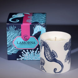 This is blend contrasts fresh sea sprays with masculine wood notes and amber musk in a candle beaker with a Seahorse and Coral illustration.