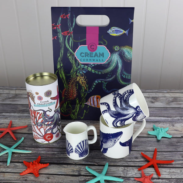 Front shot of reef illustrated gift bag with bone china mugs and biscuits- gift and accessories-Cream Cornwall