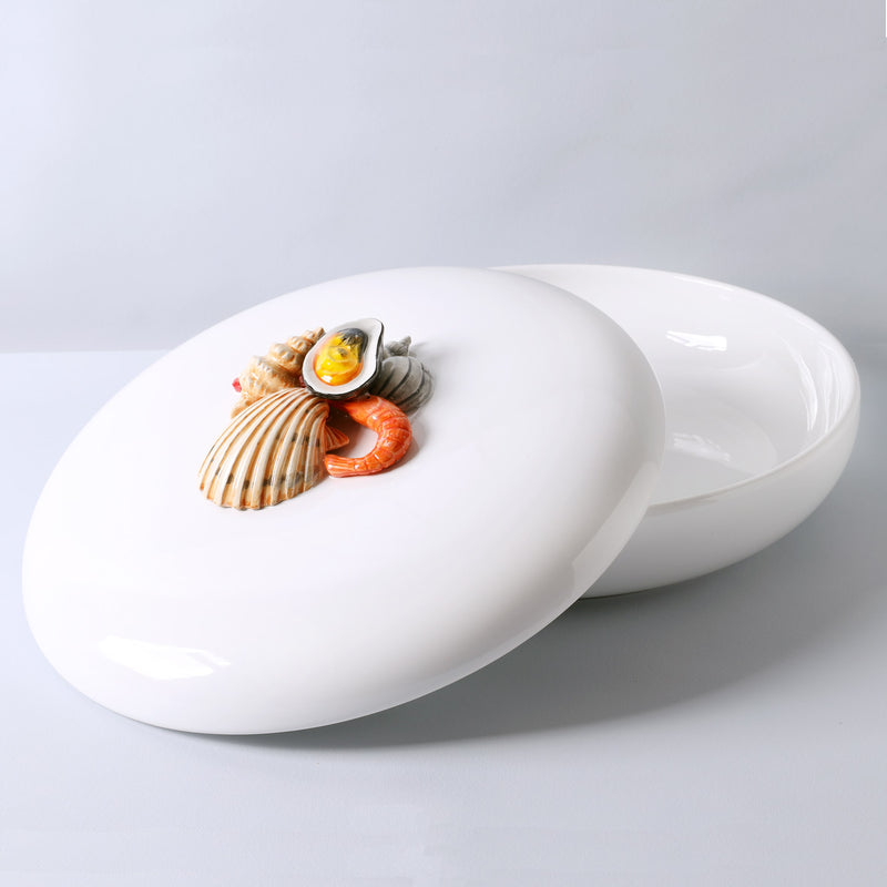 Large Ceramic Seashell Serving Bowl With Lid in White