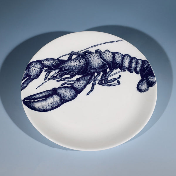 Bone China White plate with hand drawn illustration our classic Lobster in Navy