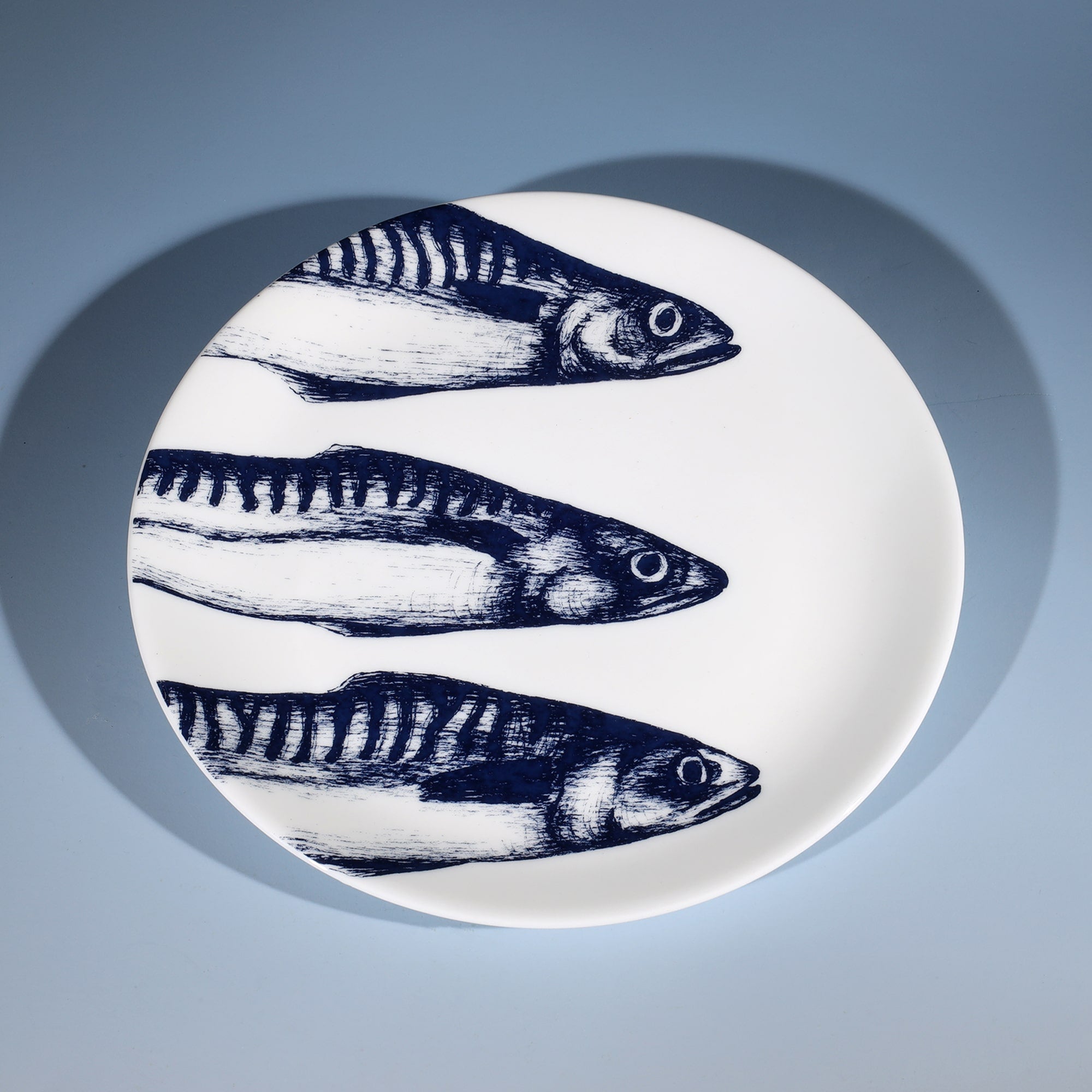 Bone China White plate with hand drawn illustration our classic Mackerel Heads in Navy