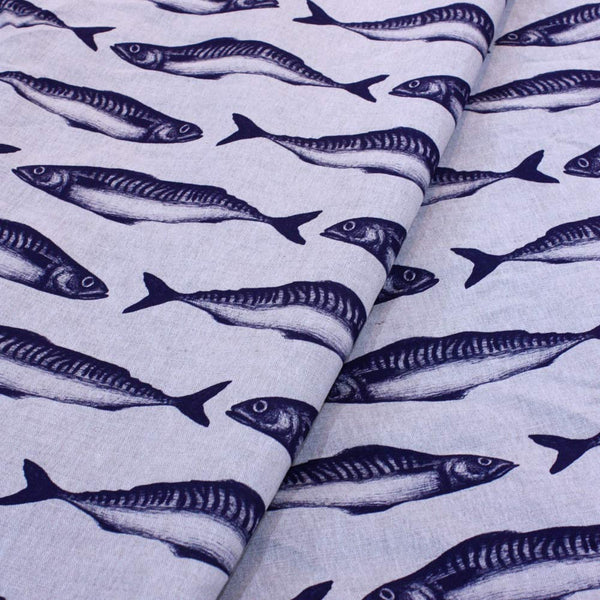 Mackerel Organic Linen/Cotton Fabric - Navy On Off-White