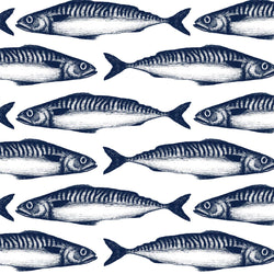 Mackerel Organic Linen Fabric - Navy On Off-White -Homeware- Cream Cornwall