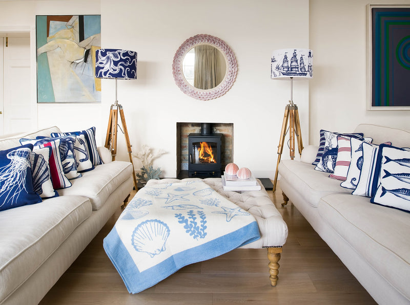 Marine Blue On White Maritime Lampshade -Homeware- Cream Cornwall
