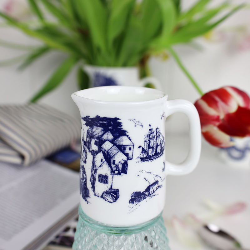 Centre shot of bone china mini jug with boat harbour illustration -kitchen and dining-Cream Cornwall