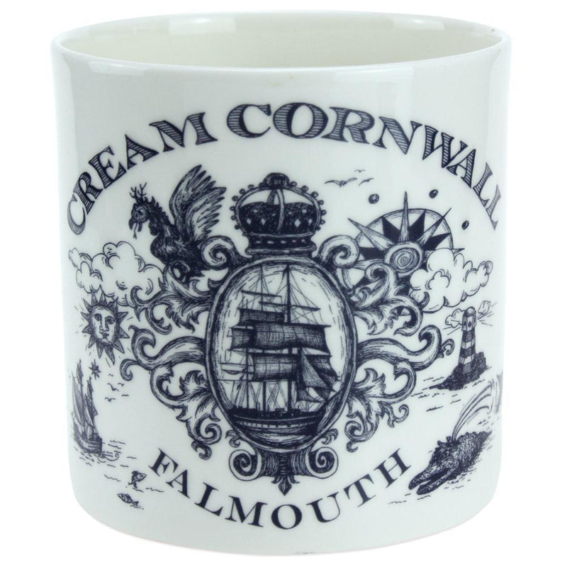 Close up of the front of the Pint size Bone China Mug design.Hand drawn illustrations of a packet ship and other items related to Falmouth and the place name and Cream Cornwall as a main feature.