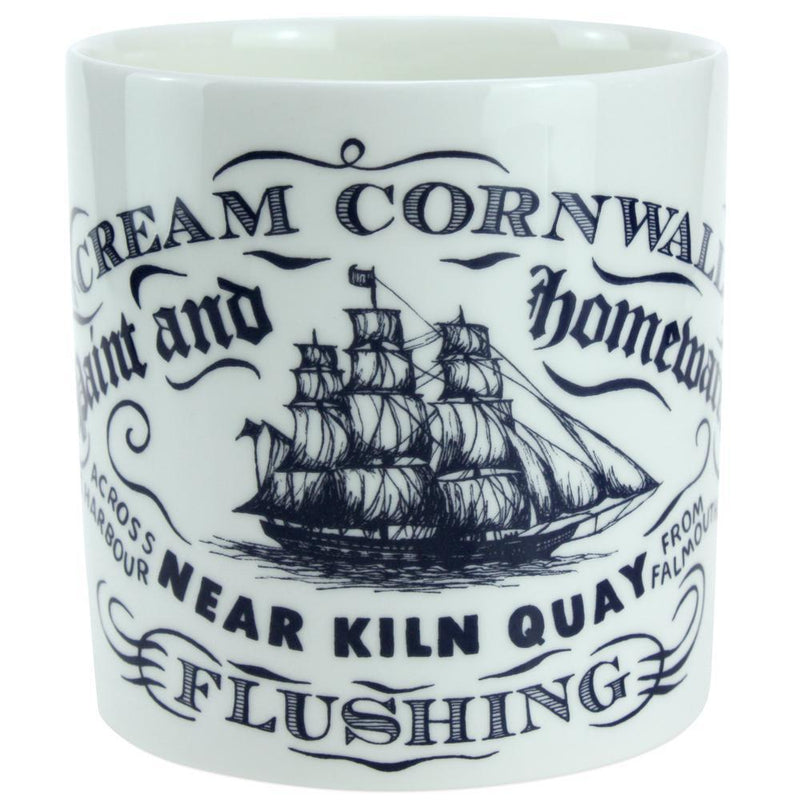 Close up of the front of the Pint size Bone China Mug design.Hand drawn illustrations of a Packet ship with the Flushing name and Cream Cornwall as a main feature.