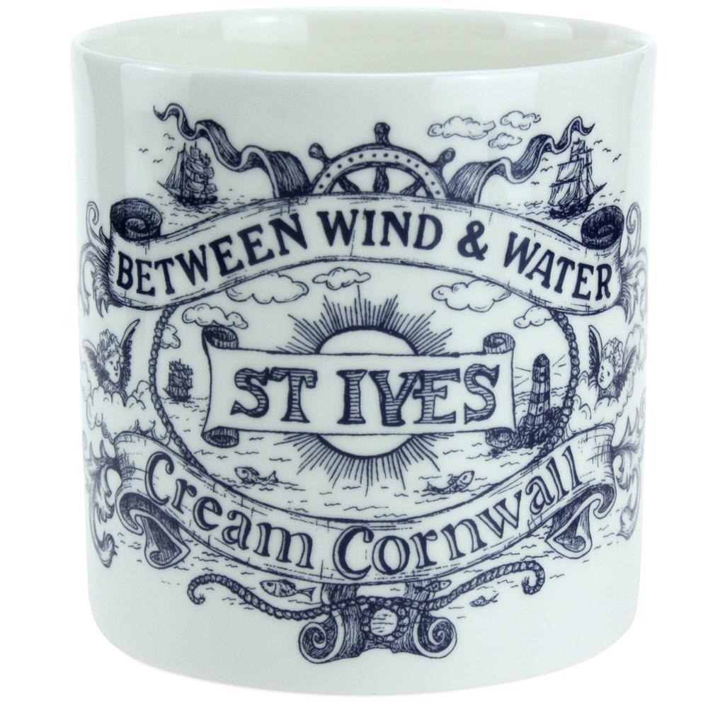 Close up of the front of the Pint size Bone China Mug design.Hand drawn illustrations of ship,anchors and other maritime items related to St Ives and the place name and Cream Cornwall as a main feature.