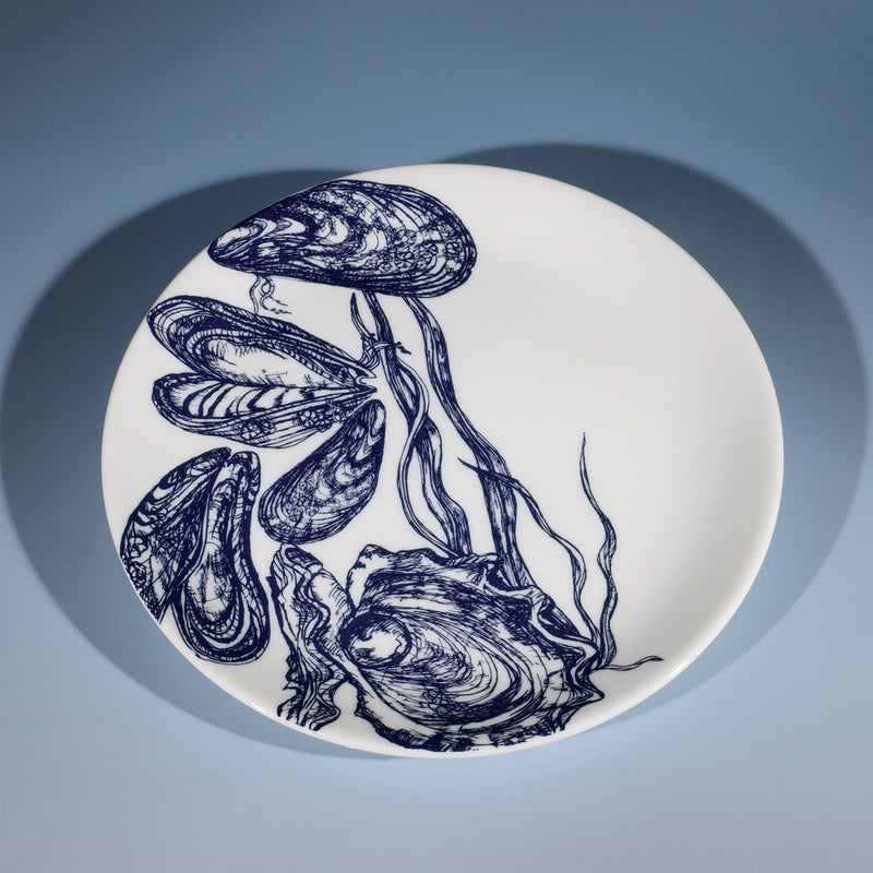 Bone China White dinner  plate with hand drawn illustrations of mussels and oysters  in navy.