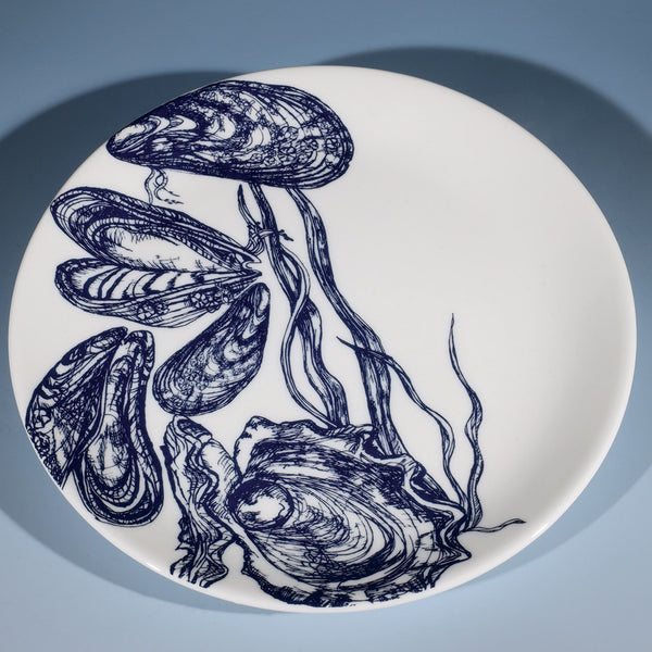 Large Bone China White 30cm diameter plate with hand drawn illustrations of mussels and oysters  in Navy